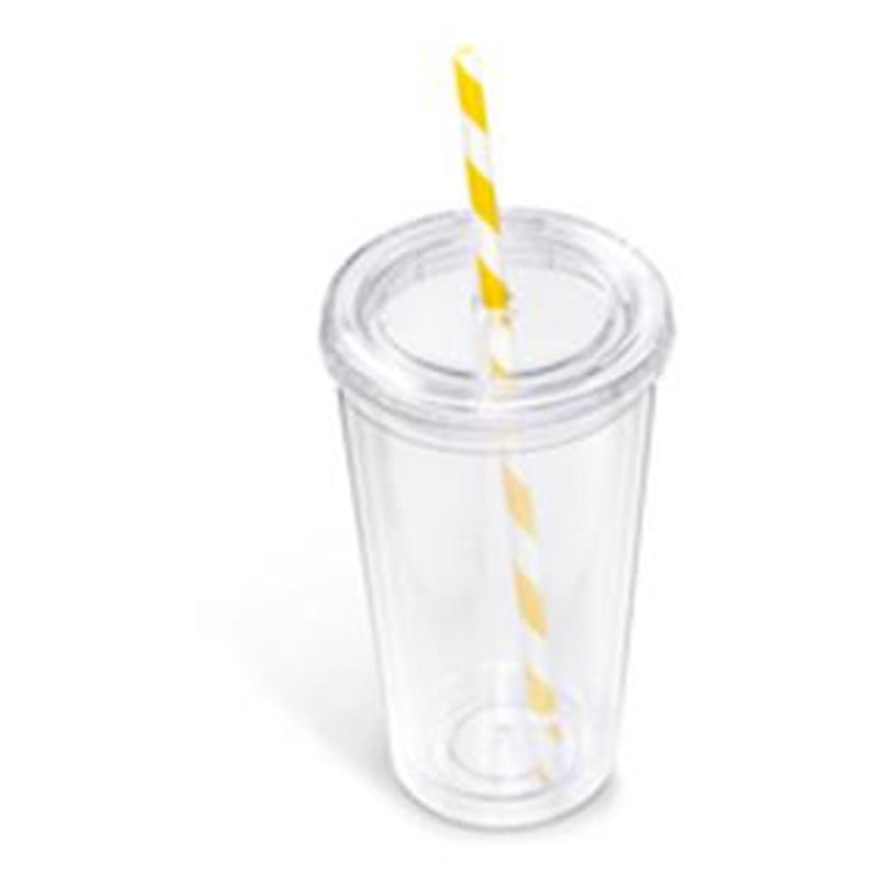 Double-Wall Plastic Tumbler & Straw - 470ml - Yellow